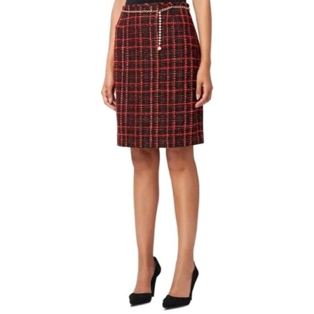 Tahari Tweed Red Black Plaid Skirt Size 4 Lined Office Career 124